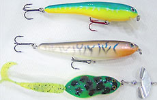 Twitchin’ Balsa Stick Bait (сверху), Balsa Walking Stick (в центре) and Turbo Frog (снизу).