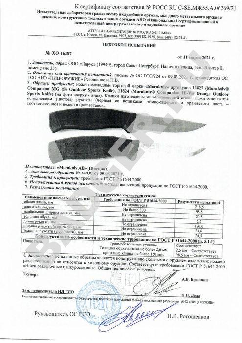 Нож Morakniv Companion MG S - протокол испытаний