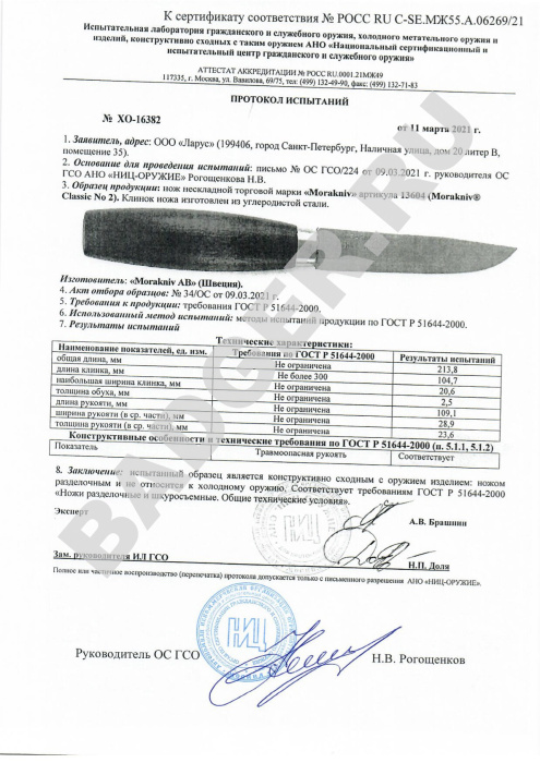 Нож Morakniv Classic №2 (C) - протокл ипытаний
