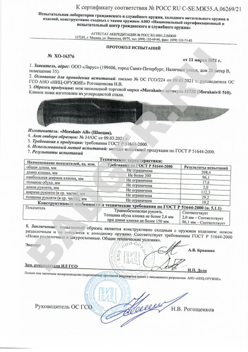 Нож Morakniv 510 - протокол испытаний
